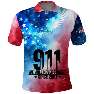 Patriotic 911 Memorial Patriot Day Polo Shirt American Flag and Bald Eagle TS04