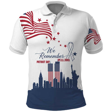 Patriot Day 911 Memorial Polo Shirt American Flag and New York City Skyline Design TS04