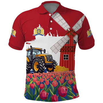 Netherlands Farm Landscape Polo Shirt with Tractor and Tulips TS04