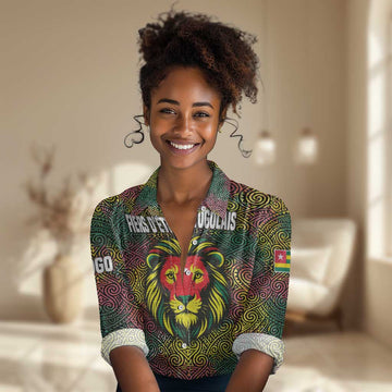 Togo Women Casual Shirt Red Lion Head Design and Traditional African Pattern TS04