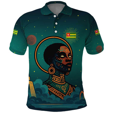 Togo Futuristic Afrocentric Woman Polo Shirt with Flag and Stars Design TS04