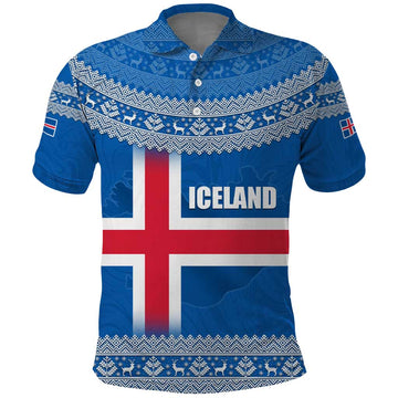 Iceland Flag Polo Shirt with Icelandic Crest and Traditional Nordic Knit Pattern Design TS04