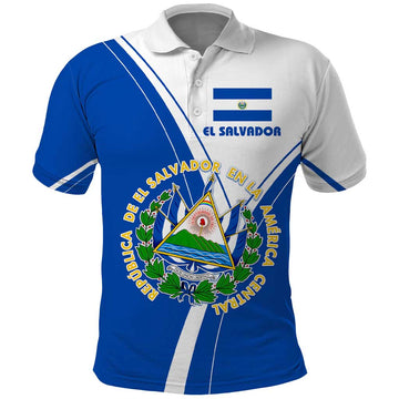 El Salvador National Flag Polo Shirt with Coat of Arms and Blue White Stripes Design TS04