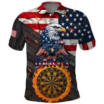 Custom American Flag and Bald Eagle Darts Polo Shirt with Flaming Dartboard TS04