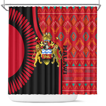 Malawi Patterns Shower Curtain Blended with Flag Colors & National Emblem - Cultural Fusion Design TS04