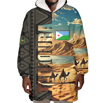 Djibouti Desert Wearable Blanket Hoodie Camel Riders and African Pattern TS04