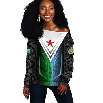 Djibouti Africa Off Shoulder Sweater Tribal Geometry Meets National Colors and Red Star Boldness TS04