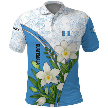 Guatemala White Monja Blanca Flower Polo Shirt with Blue Flag Theme and Floral Pattern Design TS04