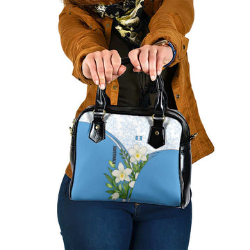 Guatemala White Monja Blanca Flower Shoulder Handbag with Blue Flag Theme and Floral Pattern Design TS04