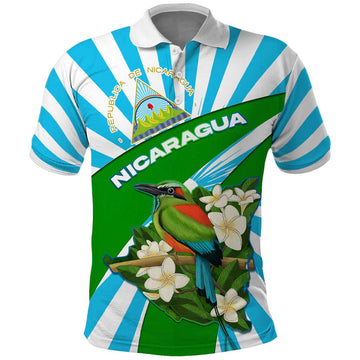 Nicaragua National Bird Polo Shirt with White Flor de Sacuanjoche and Blue Stripe Design TS04