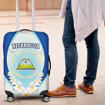 Nicaragua National Emblem Luggage Cover with White Flor de Sacuanjoche and Blue Gradient Design TS04