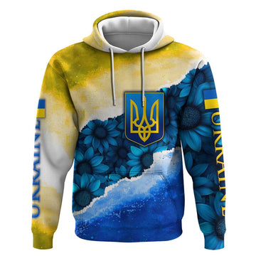 Trident Emblem Ukraine Hoodie with Blue Sunflowers and Flag Colors Design TS04