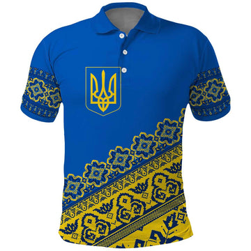Ukraine Heritage Pride Vyshyvanka Pattern Polo Shirt with National Symbol in Blue & Yellow TS04