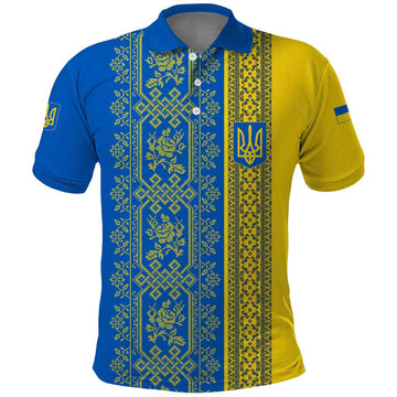 Ukrainian Flag Colors Polo Shirt with Trident Crest and Traditional Folk Pattern TS04