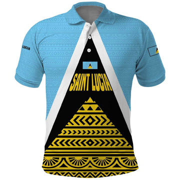 Saint Lucia Tribal Triangle Design Polo Shirt with Flag Colors and The Land The People The Light Quote TS04