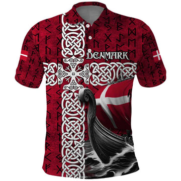 Denmark Viking Longship Polo Shirt Norse Rune & Celtic Cross Danish Flag TS04