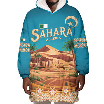 Sahara Algeria Wearable Blanket Hoodie with Desert Camel Landscape and Islamic Motif Design TS04