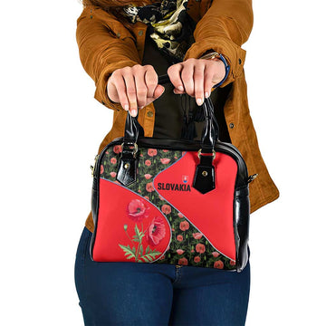 Slovakia Coat of Arms Shoulder Handbag with Red Poppy Flowers and Bold Flag Colors Design TS04