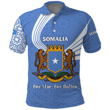 Somalia Polo Shirt with Coat of Arms One Star One Nation Blue White Spirit TS04