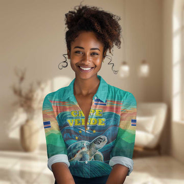 Cape Verde Women Casual Shirt with Loggerhead Sea Turtle Ocean Sunset Spirit TS04