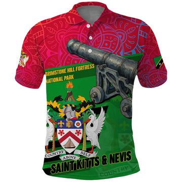 Saint Kitts and Nevis Apparel Polo Shirt with National Coat of Arms and Cannon Graphic in Red and Green Cultural Pattern Design TS04