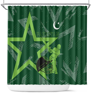 Pakistan Cricket Shower Curtain Sporty Style with Flag Stars & Player Illustration TS04