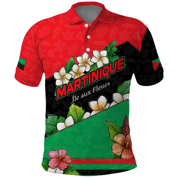 Martinique Island Pride Polo Shirt Tropical Hibiscus and Plumeria Floral Flag Design TS04