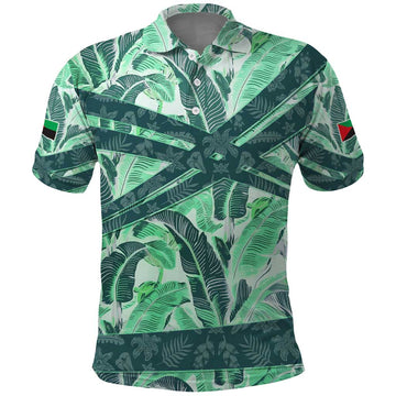 Martinique Pride Polo Shirt with Green Banana Leaf Print and Flag Patch Accents TS04
