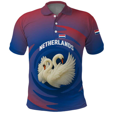 Netherlands Polo Shirt with Swan Couple Graphic and Dutch Flag in Gradient Red and Blue Design TS04