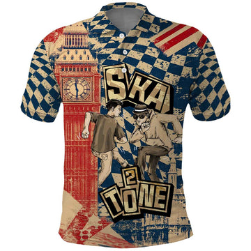 Ska 2 Tone Polo Shirt Big Ben Dance Two Tone Blue Checkerboard TS04