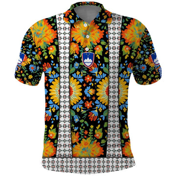Slovenia Folk Art Polo Shirt Bright Floral Pattern with National Crest Emblem TS04