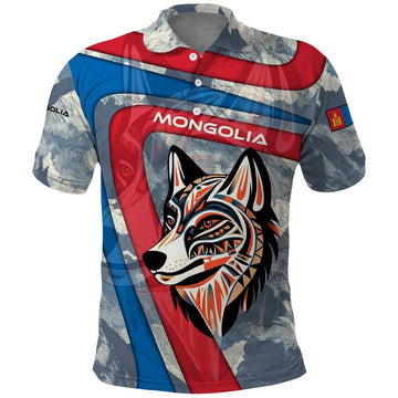 Mongolia Polo Shirt with Tribal Wolf Clouds Red Blue Flag Spirit TS04