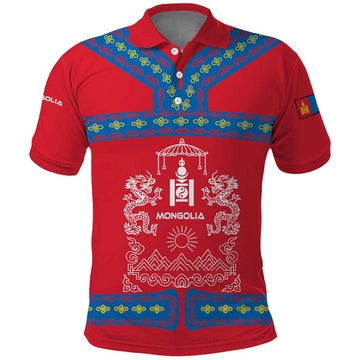 Mongolia Polo Shirt with Soyombo Dragon Sun Red Blue Tradition Spirit TS04