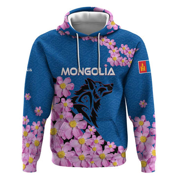 Mongolia Hoodie with Floral Wolf Pink Blossom Blue Sky Spirit TS04