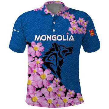 Mongolia Polo Shirt with Floral Wolf Pink Blossom Blue Sky Spirit TS04