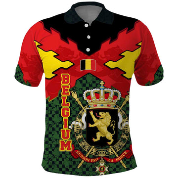 Belgium Polo Shirt with Royal Coat of Arms Crown Lion Red Green Checker Spirit TS04