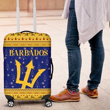 Barbados Christmas Luggage Cover with Blue Yellow Xmas Trident Santa and Reindeer TS04