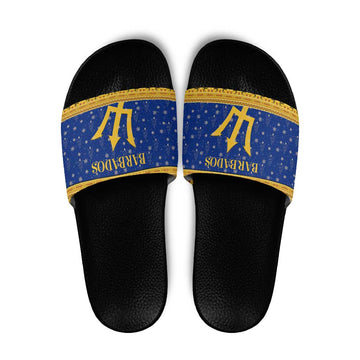 Barbados Christmas Slide Sandals with Blue Yellow Xmas Trident Santa and Reindeer TS04