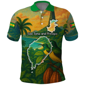Sao Tome and Principe Tropical Island Polo Shirt with Bird and Cocoa Forest Print TS04