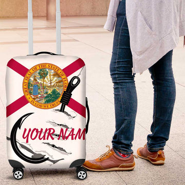 Flag Florida Fishing Luggage Cover Fish Hook Rip Detail and Custom Name Red Accent Design TS04