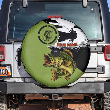 Largemouth Bass Fishing Spare Tire Cover Fish On Text and Boat Scene in Green and Black Custom Design TS04