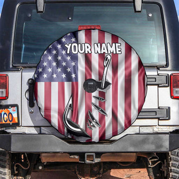 Fishing Fish Hook American Flag Spare Tire Cover Custom Name Graphic in Patriotic Striped Theme TS04