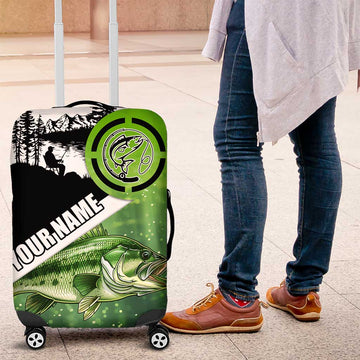 Green and Black Largemouth Bass Fishing Luggage Cover Custom Name Design and Angler Silhouette Illustration TS04