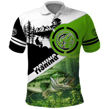 Green and Black Largemouth Bass Fishing Polo Shirt Custom Name Design and Angler Silhouette Illustration TS04