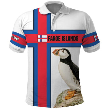 Faroe Islands Polo Shirt with Red Blue Cross Design and Puffin Bird TS04