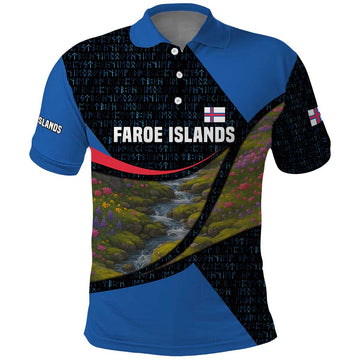 Faroe Islands Polo Shirt with Waterfall Nature Scene and Rune Pattern Design TS04