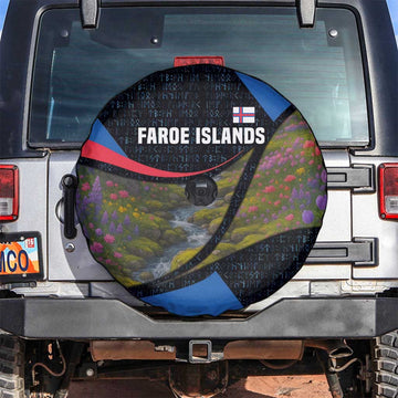 Faroe Islands Spare Tire Cover with Waterfall Nature Scene and Rune Pattern Design TS04