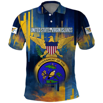 United States Virgin Islands Polo Shirt with Blue Yellow Government Seal Design and Bald Eagle TS04