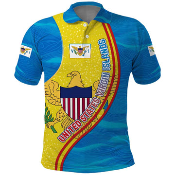 United States Virgin Islands Polo Shirt with Blue Yellow Wave Design and Island Map Bird TS04
