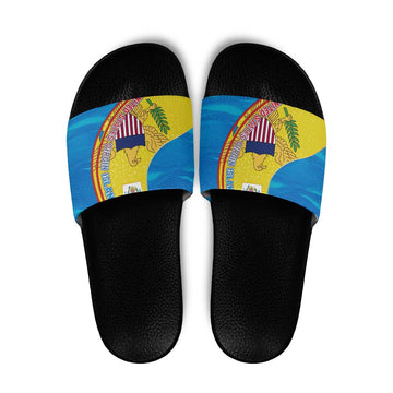 United States Virgin Islands Slide Sandals with Blue Yellow Wave Design and Island Map Bird TS04